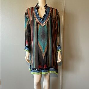 Anu, multicolor V-Neck semi sheer Tunic Dress.